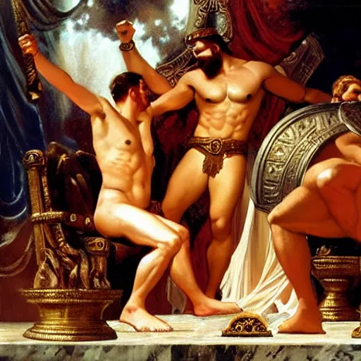 Image similar to ares the god of war accuses hercules of betrayal! zeus sits on the throne of olympus, heavenly marble, ambrosia served on golden platters, painting by gaston bussiere, craig mullins, j. c. leyendecker, tom of finland