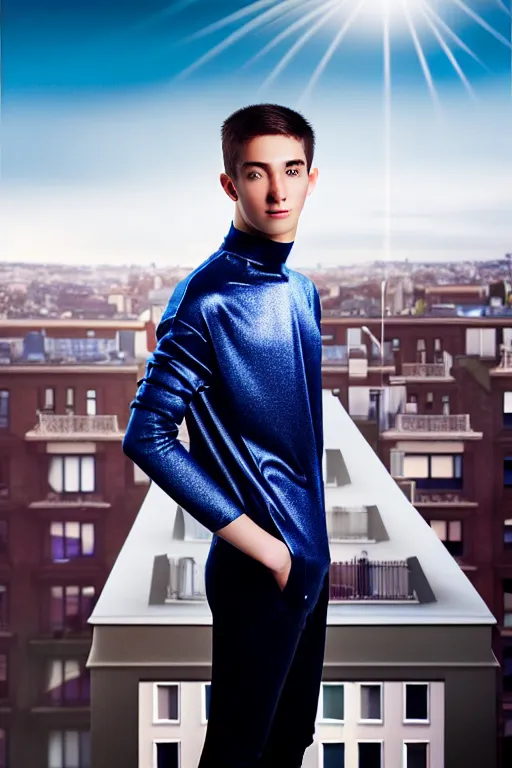 Image similar to un ultra high definition studio quality photographic art portrait of a young man standing on the rooftop of a british apartment building wearing soft padded silver pearlescent clothing. three point light. extremely detailed. golden ratio, ray tracing, volumetric light, shallow depth of field. set dressed.