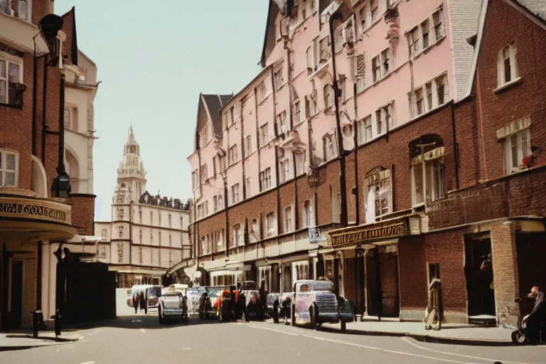 Image similar to London Street in the style of The Grand Budapest Hotel, a sunny day, 35mm, Kodak Vision3