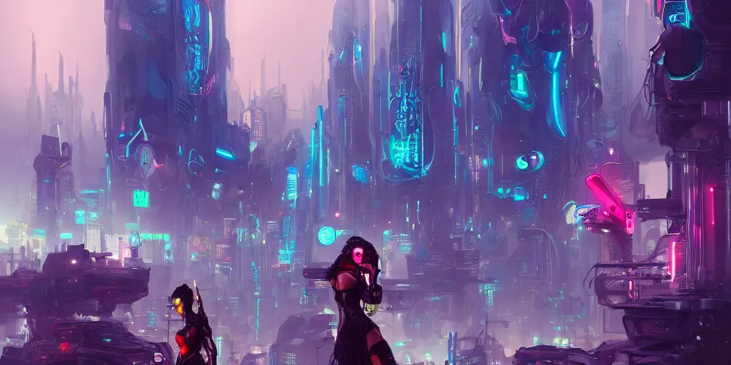 Prompt: a detailed concept art of a cyberpunk woman in the foreground against the background of an futuristic neon city, artstation, by Peter Mohrbacher, Art Nouveau, sophisticated, Unreal engine, intricate