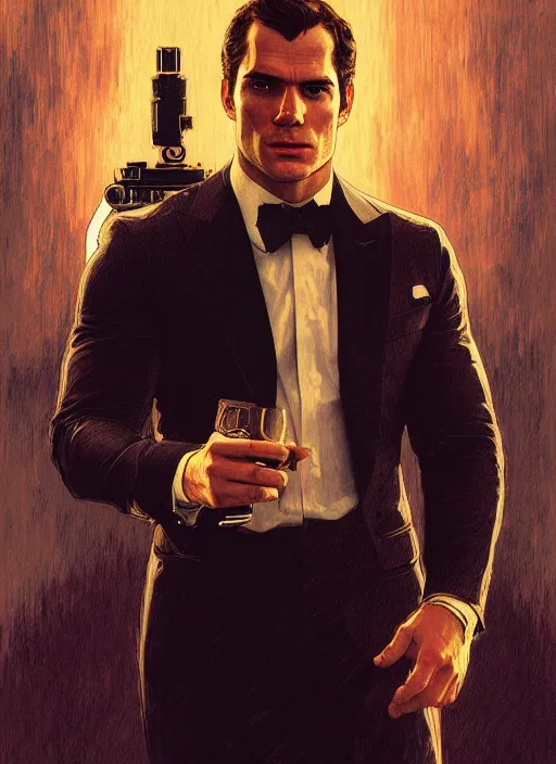 Image similar to portrait of henry cavill as james bond, casino, key art, running, highly detailed, digital painting, artstation, concept art, cinematic lighting, sharp focus, illustration, by gaston bussiere alphonse mucha