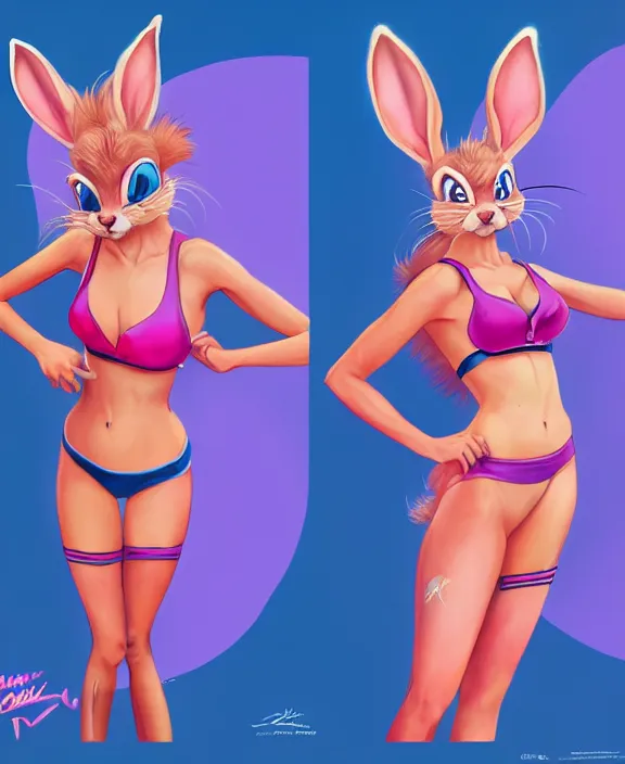 Prompt: ypung Charliz Theron Cosplaying Lola Bunny, modeling, posing, playboy bunny, two piece workout clothes, training bra, quality lighting, vibrant colors, maximalism, ultra facial detail, gta 5 skin tone, Tooth Wu Artgerm Greg Rutkowski artstation deviantart, 8k, fanart, extreme aesthetic