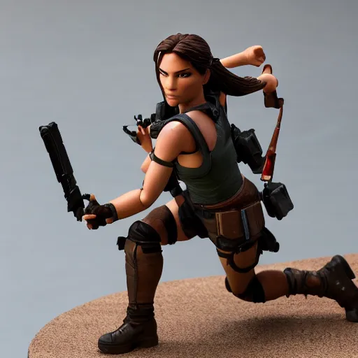 Prompt: high resolution photo of lara croft as an action figure on a glass table posed in an action pose.