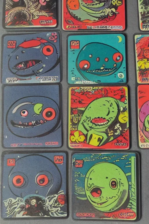 Image similar to collectible cards with colourful creepy umibozu monsters, 1980s