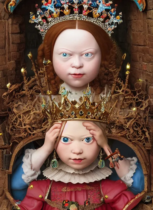 Image similar to closeup medieval jan van eyck face portrait of tin toy greta thunberg as a fairytale princess wearing a crown eating cakes in the castle, bikini, detailed and intricate environment, nicoletta ceccoli, mark ryden, lostfish, hyperrealistic, octane render