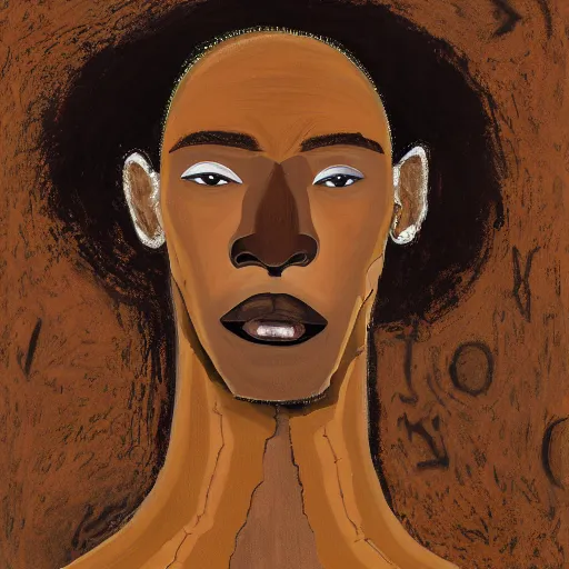 Prompt: a professionally painted african male model , clothed in ancient , gold dark skin, deep reddish gold hair, beautiful bone structure, big symmetrical scar features, stunningly, beautiful, intricate, elegant, digital painting, smooth, sharp focus, illustration, made by, Jacob Lawrence, Sam Gilliam, Edmonia Lewis, Jean-Michel Basquiat, Henry Taylor