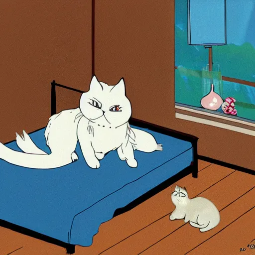 Image similar to a white ragdoll cat lies on the bed in the girl's bedroom, warm atmosphere, by studio ghibli