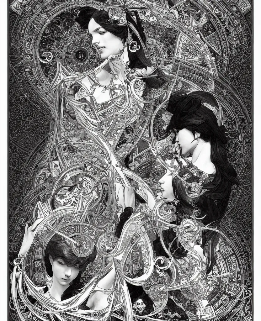 Prompt: black and white illustration of geometrical alchemical glyphs, deep focus, intricate, elegant, highly detailed, pen and ink style, artstation, concept art, matte, sharp focus, art by artgerm and greg rutkowski and alphonse mucha