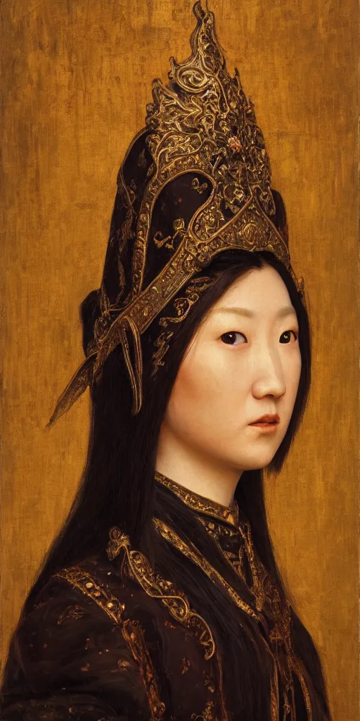 Prompt: Highly detailed and cinematic Renaissance period oil painting of an Mongolian princess face portrait, an oil painting ((masterpiece)) by ((Josep Tapiró Baró)), RPG portrait, dynamic lighting, 8K