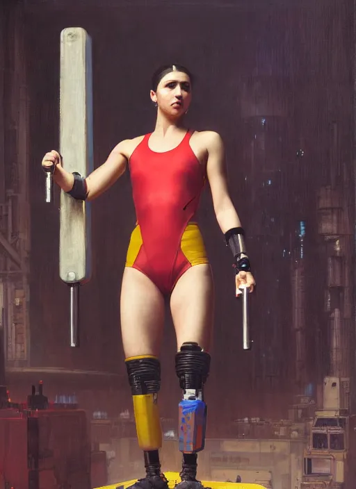 Prompt: cyberpunk olympic weightlifter with robotic arms wearing a jumpsuit ( blade runner 2 0 4 9, cyberpunk 2 0 7 7 ). orientalist portrait by john william waterhouse and james gurney and theodore ralli and nasreddine dinet, oil on canvas. cinematic, hyper realism, realistic proportions, dramatic lighting, high detail 4 k