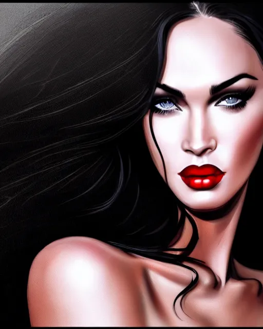 Image similar to closeup portrait beautiful seductive megan fox with long windblown hair in a black party dress in standing on a street in chinatown, red lipstick, glamour pose, detailed illustration, digital art, trending on artstation, arney freytag, frank miller, moebius, graffiti, gta v,
