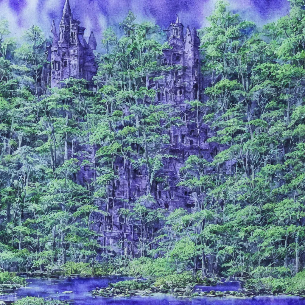 Image similar to A beautiful, highly detailed, very realistic watercolor painting of a huge mysterious purple and dark blue, very large tower in the middle of a dense forest next to a small lake, very realistic, highly detailed, watercolor.