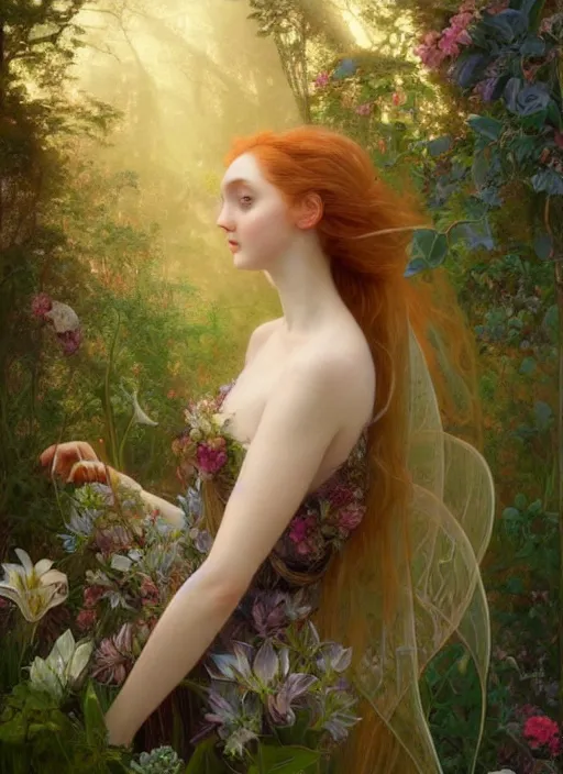 Prompt: hyper realist matte digital painting of a beautifyl fairy, resembling lily cole, in a sunlit clearing, flowers, fairytale, fantasy art, photo realistic, dynamic lighting, artstation, volumetric lighting, by mucha, by charlie bowater, by karol bak, by alma tadema