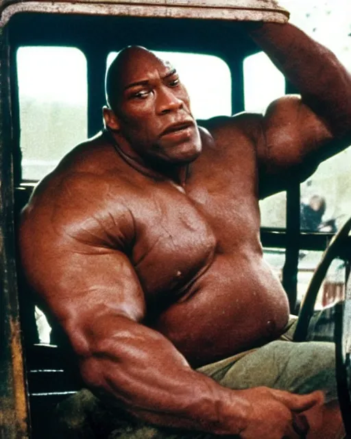 Prompt: film still close - up shot of dwayne johnson as john coffey driving a bus from the movie the green mile. photographic, photography