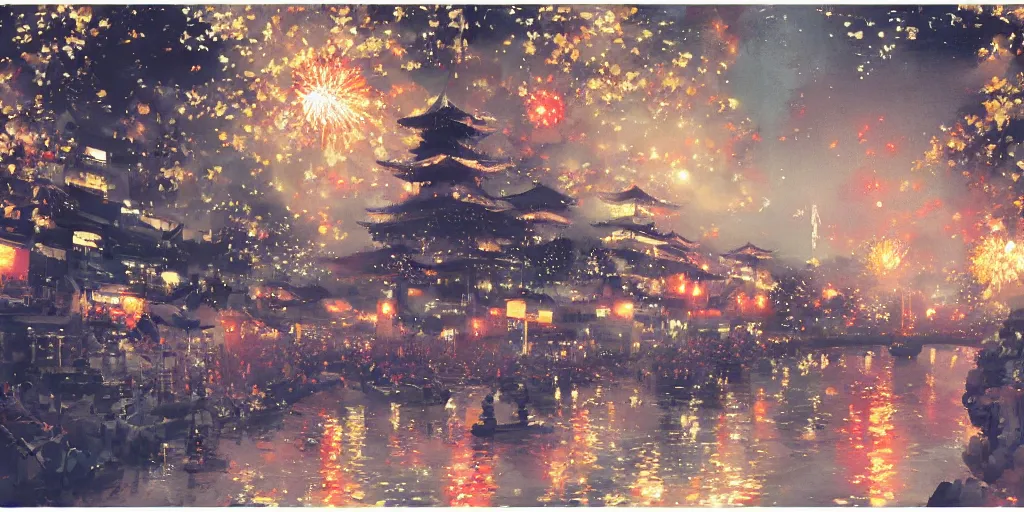 Image similar to anime kyoto animation key by greg rutkowski night, fireworks festival at river bank, kimono