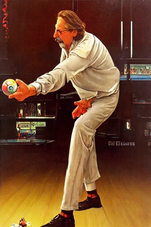 Image similar to The Dude from the movie The big Lebowski playing bowling painted by Norman Rockwell