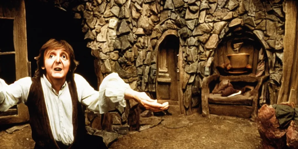 Image similar to A full color still of Paul McCartney dressed as a hobbit inside a dark house, examining his palm, directed by Stanley Kubrick, 35mm, 1970