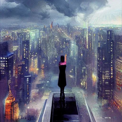 Image similar to “ a girl standing on a ledge looking down at a futuristic new york city below, storm clouds, digital art, hyper - realism, sketch by craig mullins ”