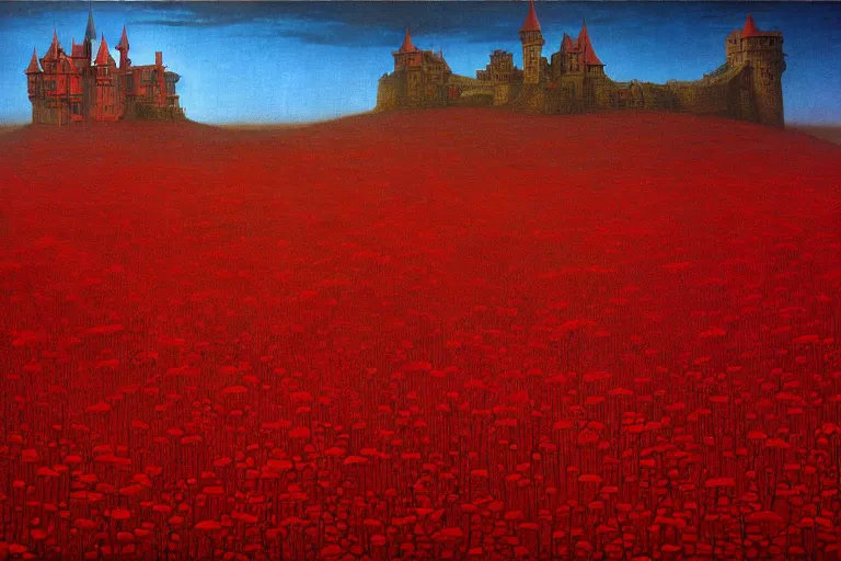 Image similar to only with red, red flowers of different types, a red tiger, a castle in the background, medieval demons dance over the flowers, an ancient path, in the style of beksinski, part by hopper, part by rodcenko, part by hofbauer, intricate composition, red by caravaggio, insanely quality, highly detailed, masterpiece, red light, artstation