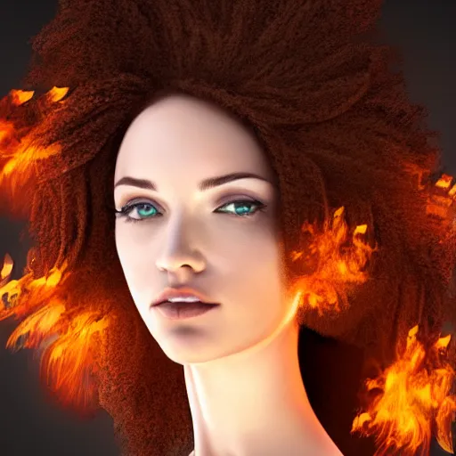 Prompt: a highly detailed headshot portrait of a beautiful woman with hair made of fire concept art