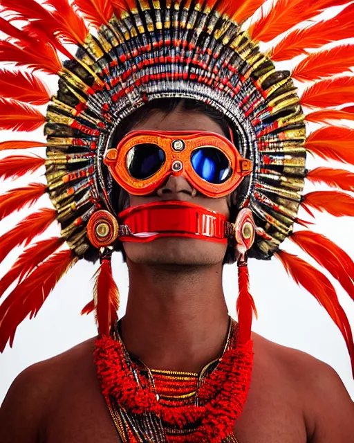 Prompt: photo of a Dramatic Theyyam male dancer with red indian headgear painted face wearing futuristic goggles space helmet and Roman soldier metallic armour with traditional theyyam costume in the style of stefan kostic, full body, feather native american headgear, realistic, sharp focus, symmetric, 8k high definition, insanely detailed, intricate, elegant, art by stanley lau and artgerm, Hajime Sorayama, William-Adolphe Bouguereau