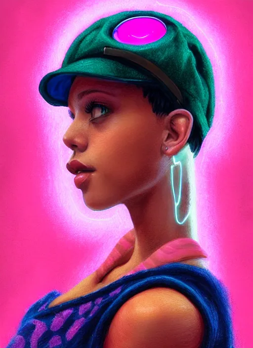 Image similar to portrait of teenage vanessa morgan with bright pink hair, black girl, curly pixie cut hair, wearing newsboy cap, pink short haircut, newsboy cap, hoop earrings, blue eyes, intricate, elegant, glowing lights, highly detailed, digital painting, artstation, concept art, smooth, sharp focus, illustration, art by wlop, mars ravelo and greg rutkowski