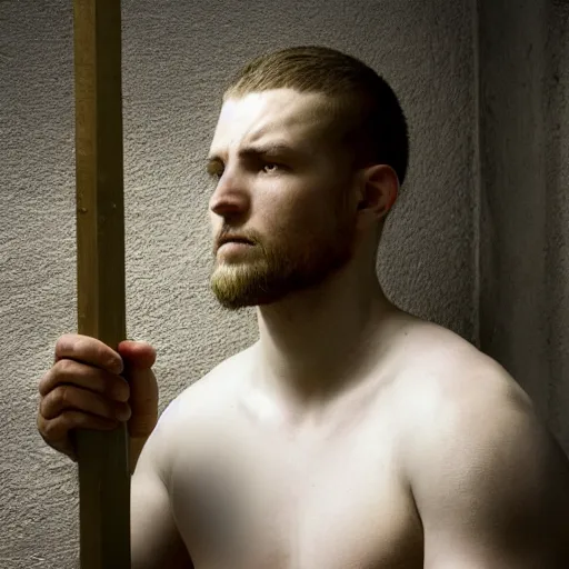 Prompt: A pale young man stands kneeling inside a prison cell. Clad in shining armor prays to a God others would have long abandoned. Sunshine lightly grazes his cheeks as he prays, his broken spear used as a cross to focus on. The knight's expression is sad, pensive, but resolute, decisive and stubborn. Portrait.