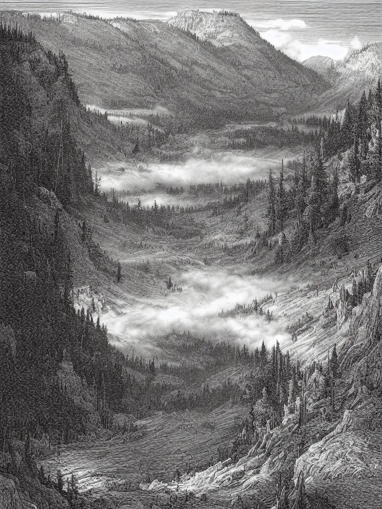 Image similar to an engraving of yellowstone national park by gustave dore and albrecht durer highly detailed, fog, depth, lithograph engraving, storybook illustration