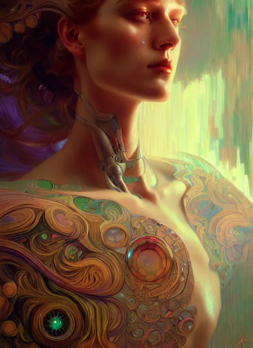 Image similar to psychedelic cyborg, diffuse lighting, fantasy, intricate, elegant, highly detailed, lifelike, photorealistic, digital painting, artstation, illustration, concept art, smooth, sharp focus, art by John Collier and Albert Aublet and Krenz Cushart and Artem Demura and Alphonse Mucha
