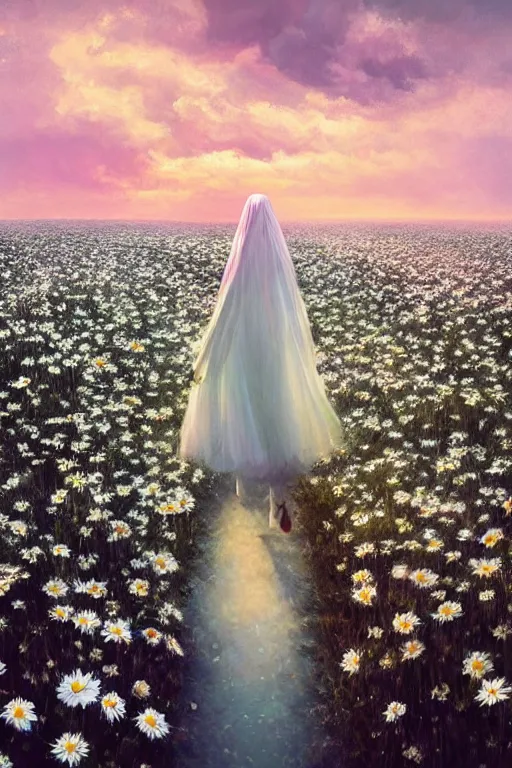 Image similar to giant white daisy flower on head, veiled girl walking in a flower field, surreal photography, sunrise, dramatic light, impressionist painting, colorful clouds, digital painting, artstation, simon stalenhag