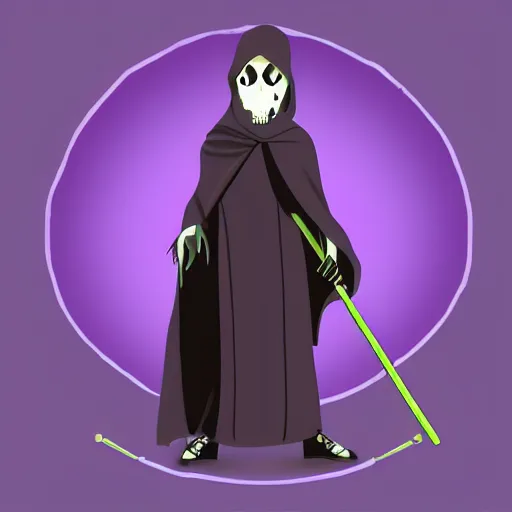 Image similar to grim reaper, purple cloak, full body, scythe