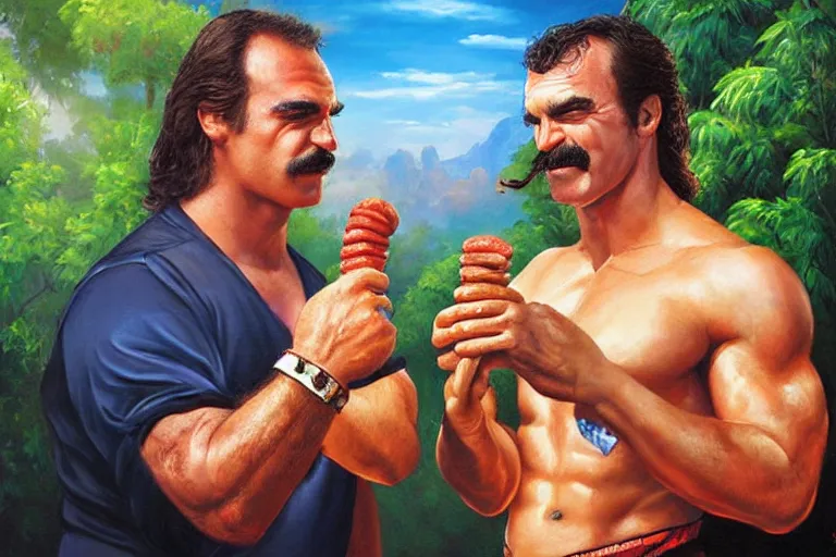 Image similar to portrait of wwf rick rude and wwf jake roberts sharing hotdogs, an oil painting by ross tran and thomas kincade