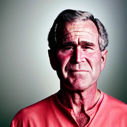 Image similar to An Alec Soth portrait photo of George W. Bush with bright red glowing eyes, sweat is glistening on his face