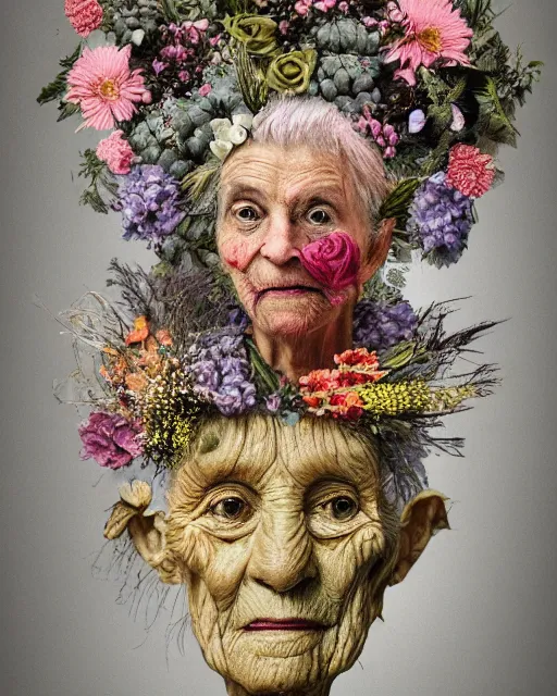 Image similar to a portrait of a fleshy old woman covered in flowers in the style of guiseppe arcimboldo and james jean, covered in wispy gray hair with a hint of neon.