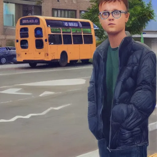 Image similar to an ultra detailed portrait of griffin pafford standing waiting at a bus stop, hyper realism, highly detailed, photograph, 8 k