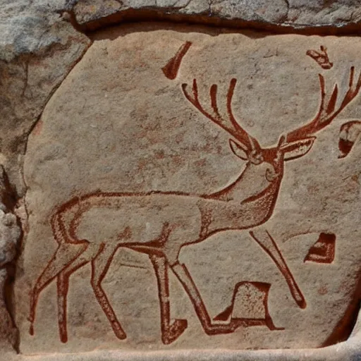 Prompt: petroglyph of a deer eating apples,