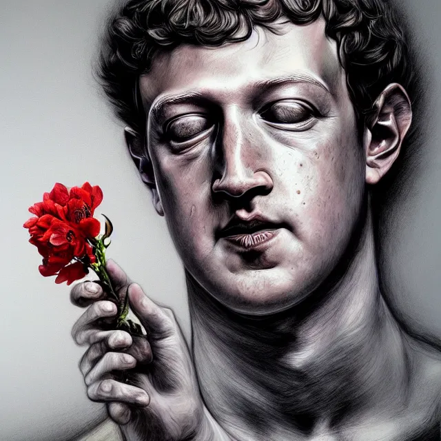 Image similar to mark zuckerberg holding a flower by hr giger, trending on artstation, realistic, detailed, concept art, horror, illustration