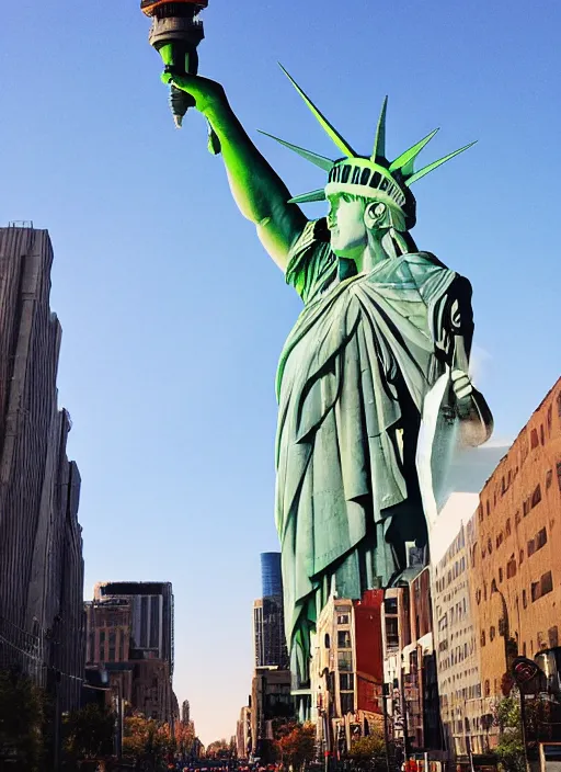 Image similar to giant monster walking between buildings, and it has the angry face of the statue of liberty