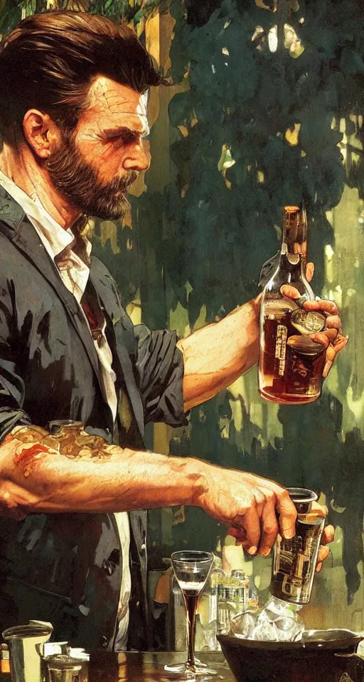 Image similar to close up of max payne pouring a drink, sun shining, photo realistic illustration by greg rutkowski, thomas kindkade, alphonse mucha, loish, norman rockwell.