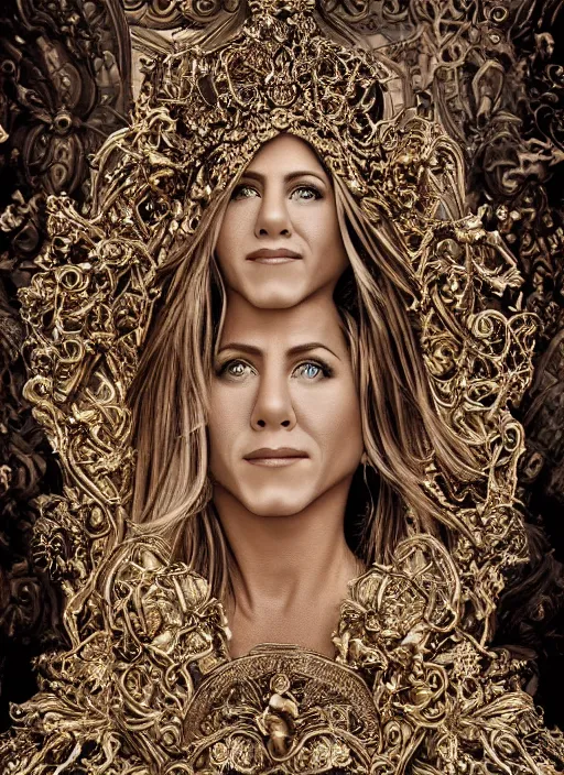 Image similar to a portrait of jennifer aniston by stefan geselle and nekro borja, photorealistic, intricate details, hyper realistic, fantasy, elegant, baroque gold headpiece, photorealistic, canon r 3, photography, wide shot, symmetrical features, symmetrical pose, wide angle shot, head to toe, standing pose, feet on the ground, wearable art