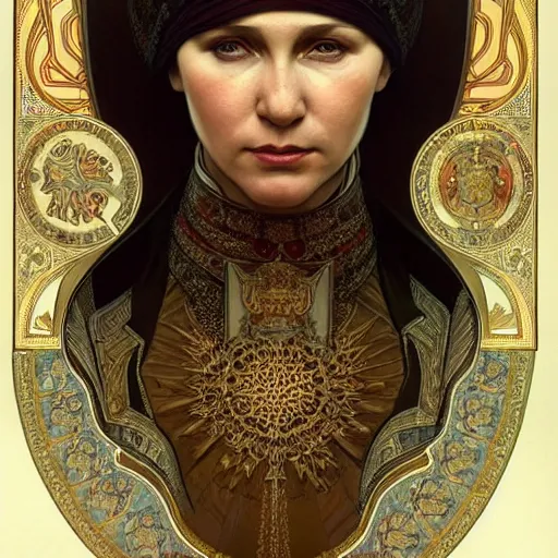 Prompt: a portrait of putin, upper half portrait, decorated with russian motifs, traditional russia, intricate, elegant, highly detailed, symmetry, headpiece, digital painting, artstation concept art smooth sharp focus, illustration, art by artgerm and greg rutkowski alphonse mucha 8 k