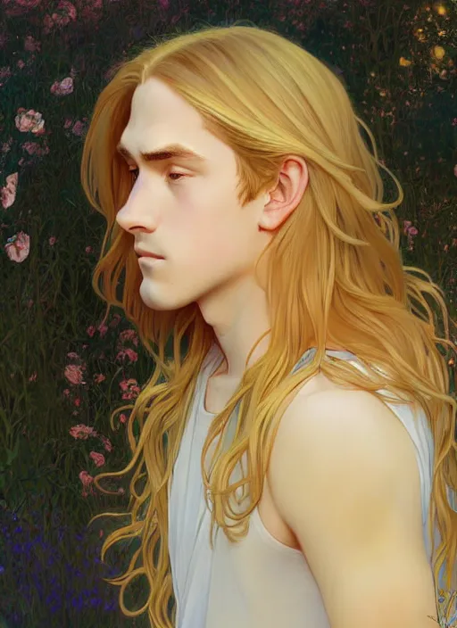 Image similar to pretty young man with shoulder length shiny shimmering golden blond hair, head down, shy, path traced, highly detailed, high quality, digital painting, by studio ghibli and alphonse mucha, leesha hannigan, disney