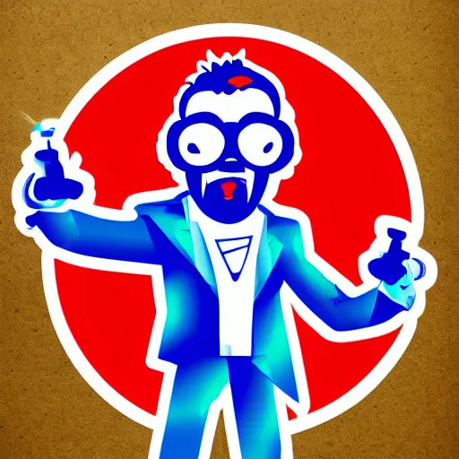 Image similar to svg vector sticker of absolutely insane-mad-scientist-villain, rocking out, wearing headphones, huge speakers, dancing, rave, DJ, spinning records, digital art, amazing composition, rule-of-thirds, award-winning, trending on artstation, featured on deviantart