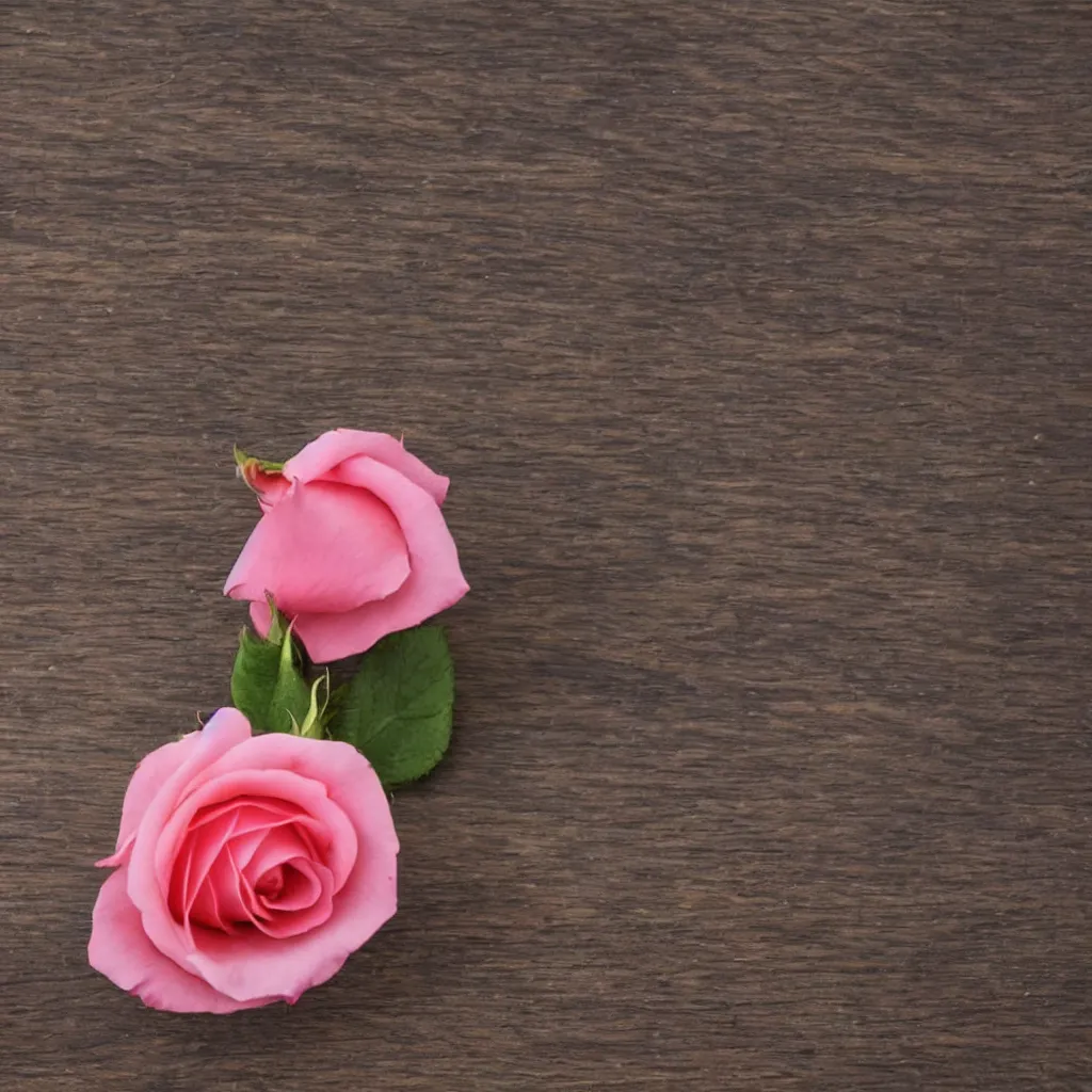 Prompt: close up view of a single rose flower on top of a wooden table, 8k, photorealistic, proper shading