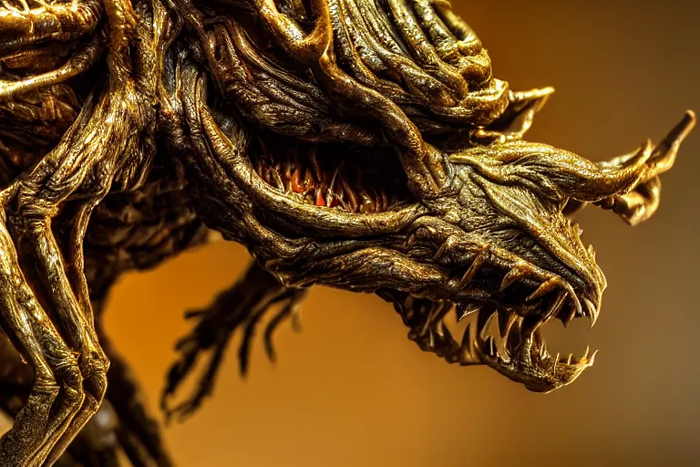 Image similar to photo taken of an epic intricate, ultra detailed, super realistic sculpture of a nightmarish hellish demonic creature on display in a workshop, created by weta workshop, zoomed in shots, photorealistic, sharp focus, f 0. 4, face centred, macro photography, golden ratio, golden hour