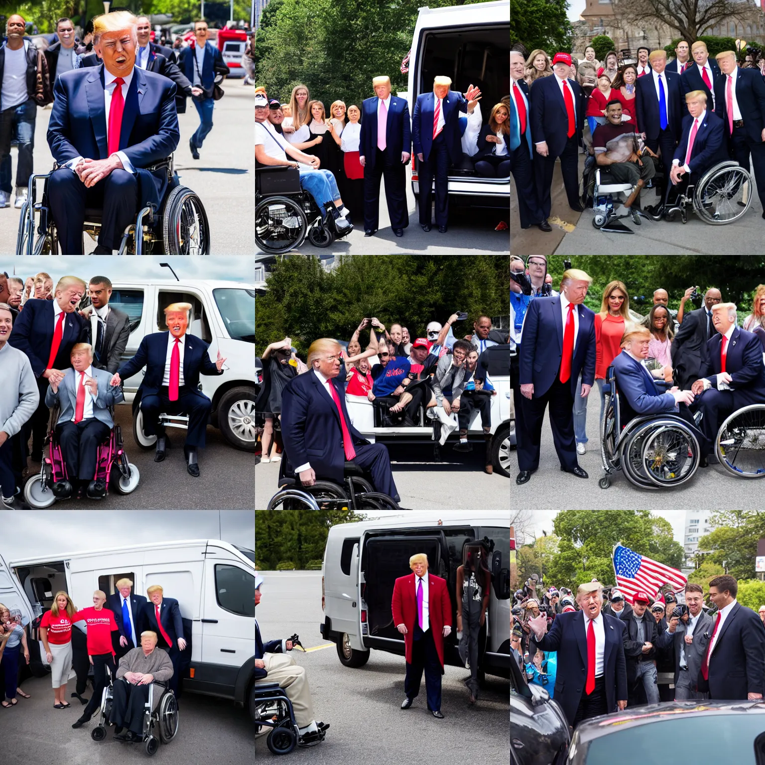 Prompt: donald trump in a wheelchair next to van, group of people, photograph, happy, high resolution, high quality, beautiful face, attractive