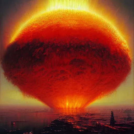 Prompt: A gigantic colossal Atomic explosion in Mumbai, by Bruce Pennington, by Wayne Barlowe, by Greg Rutkowski, oil on canvas, masterpiece, detailed, dynamic, cinematic composition, beautiful lighting, view from ground, trending on artstation, top on pixiv, 8K, no frames,