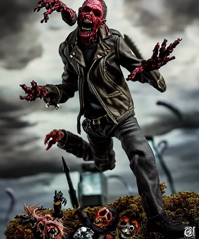 Image similar to hyperrealistic rendering, epic boss battle, punk rock zombie, by art of skinner and richard corben, product photography, collectible action figure, sofubi, hottoys, storm clouds, outside, lightning