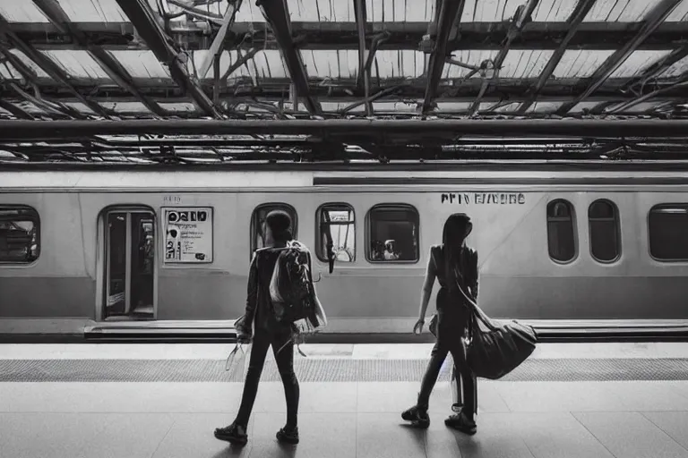 Image similar to vfx movie couple in a train station flat color profile low - key lighting award winning photography cinematography atmospheric cool color - grade