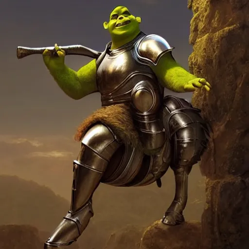 Image similar to shrek as a glorious devout shining powerful epic amazing awesome very handsome attractive muscular stylish knight in shining golden armor riding donkey, fantasy art, highly detailed, photorealistic, octane render, 8 k, unreal engine, art by artgerm and greg rutkowski and alphonse mucha